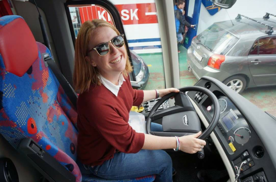 Pictured: me (pretending to) drive the Contiki bus