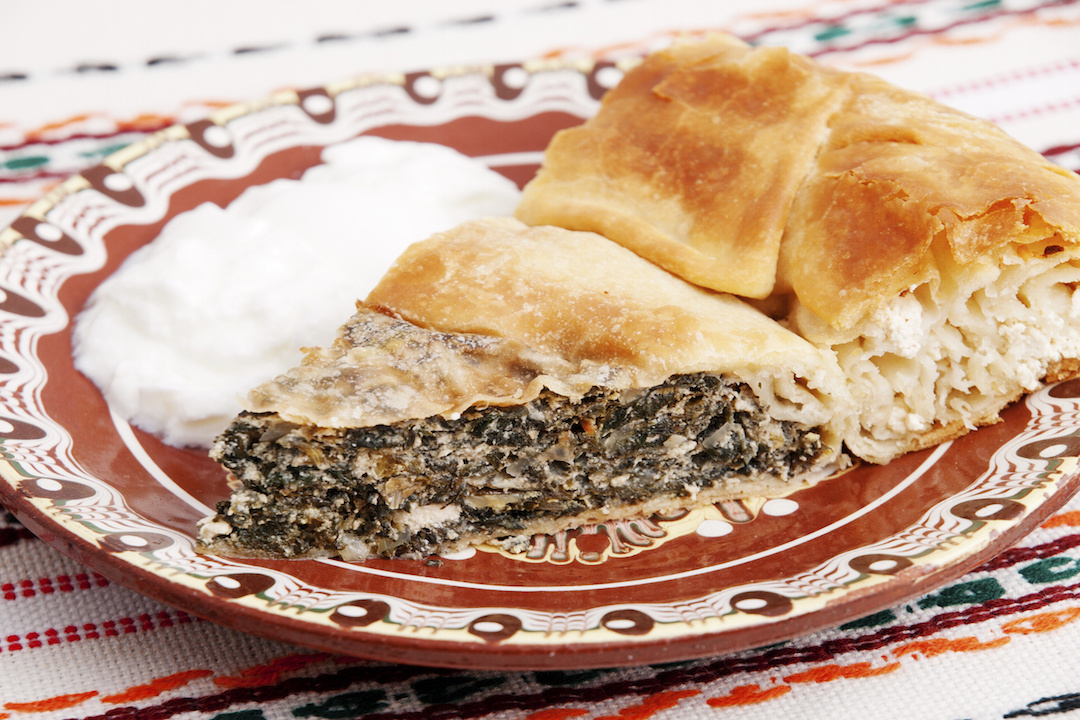 Zelnik is Bulgarian traditional meal - green herbs baked in dough served with yogurt