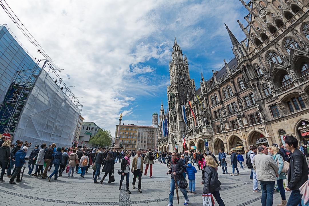 Munich, Germany - May 14, 2016: Marienplatz in Munich, Germany. Marienplatz is a central square in Munich and has been the city's main square since 1158.