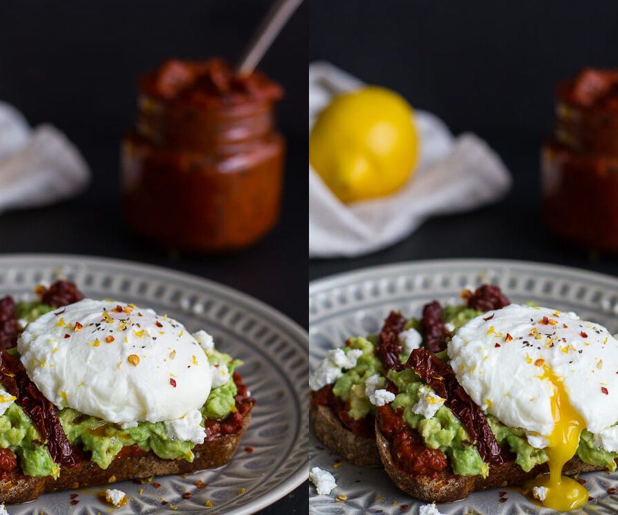 Smashed Avocado on Toast with eggs, chilli and harissa as a hangover cure