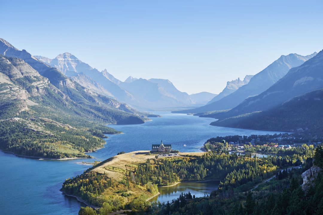 Overlooking the Prince of Wales Hotel and the Waterton town in Waterton Lakes National Park, Alberta, Canada.