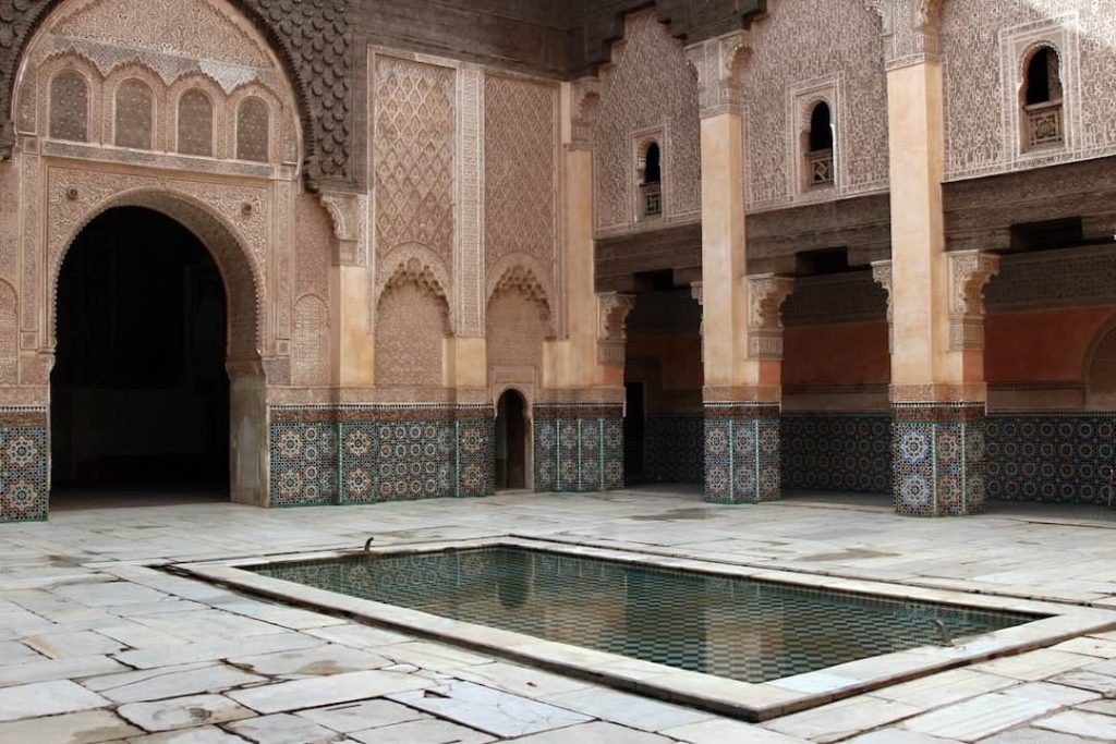 Traditional courtyard with a pool in a Moroccan riad