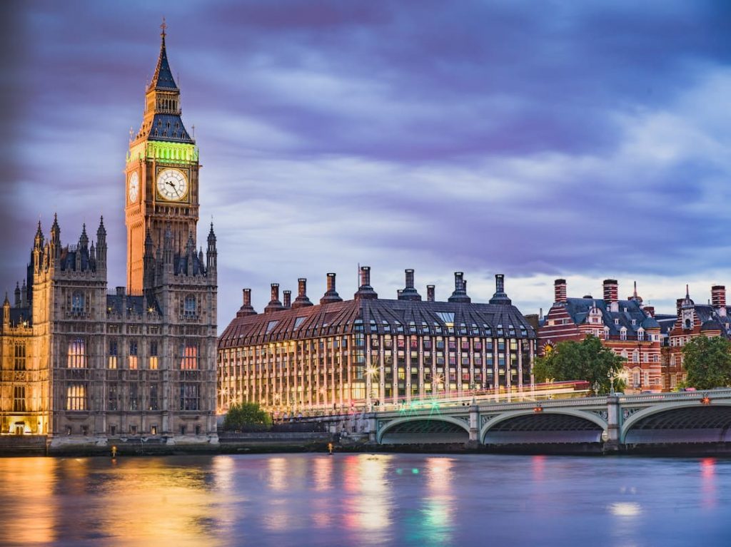 london's iconic skyline including big ben at dusk