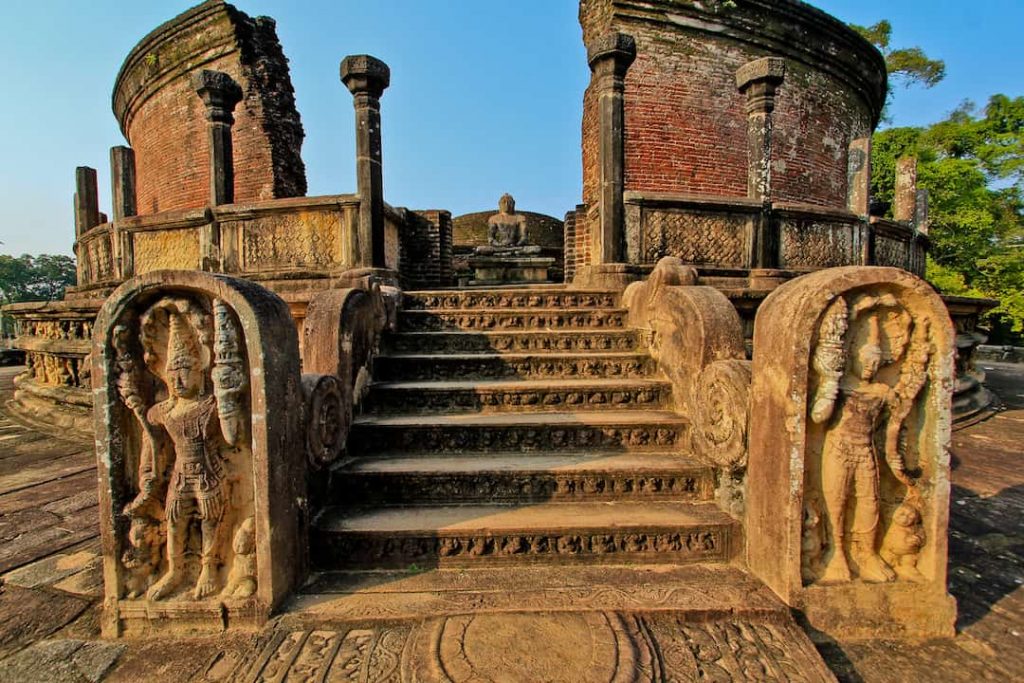 Polonnaruwa ruins in the day with stone embellishments