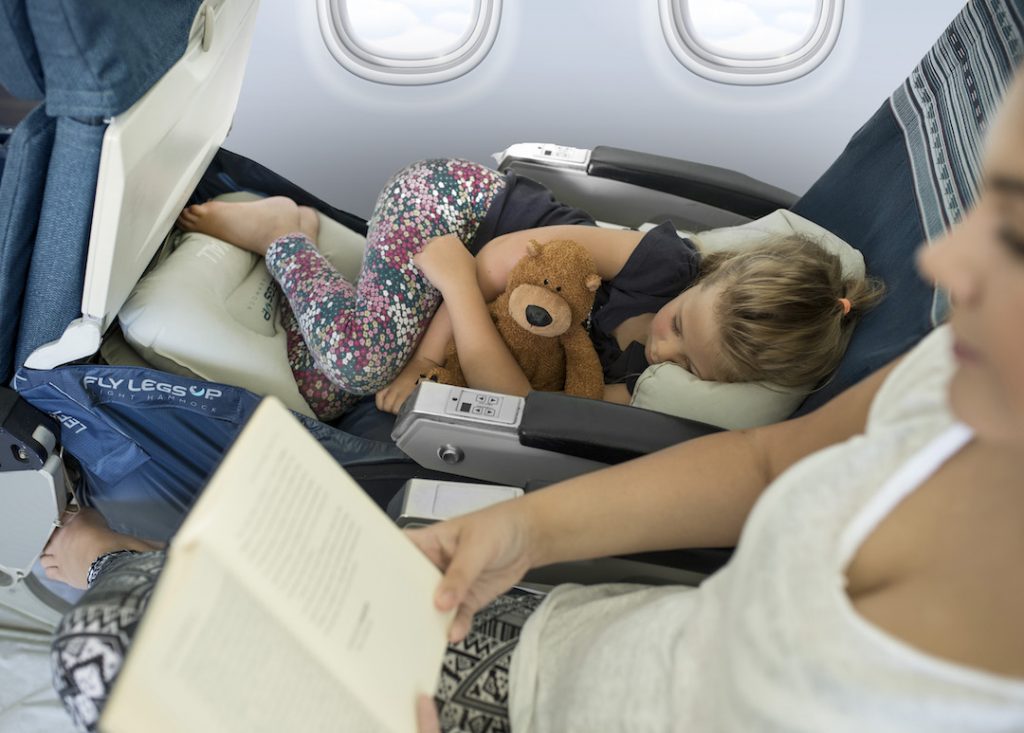 Fly LegsUp is a crafty invention that allows your feet to be stretched out in your seat