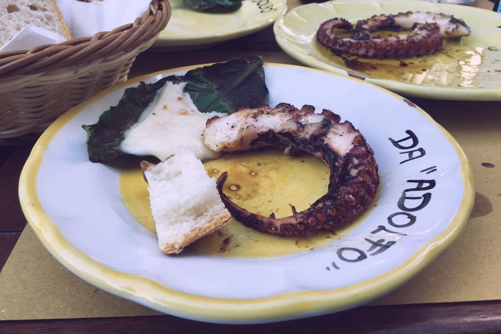 Grilled octopus and smoked lemon leaf mozzarella from Da Adolfo in Positano