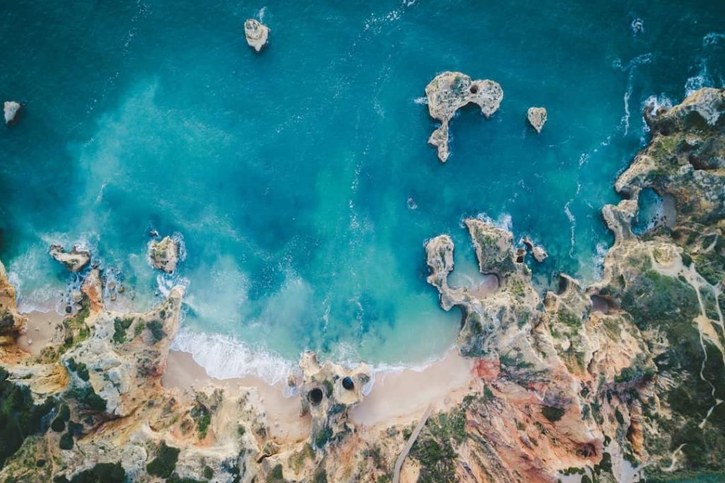 Arial photo of the ocean in Lagos, Portugal
