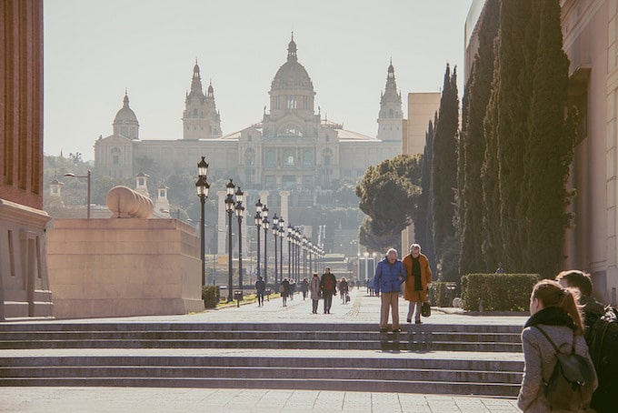 Montjuïc, Barcelona in Spain with a few people