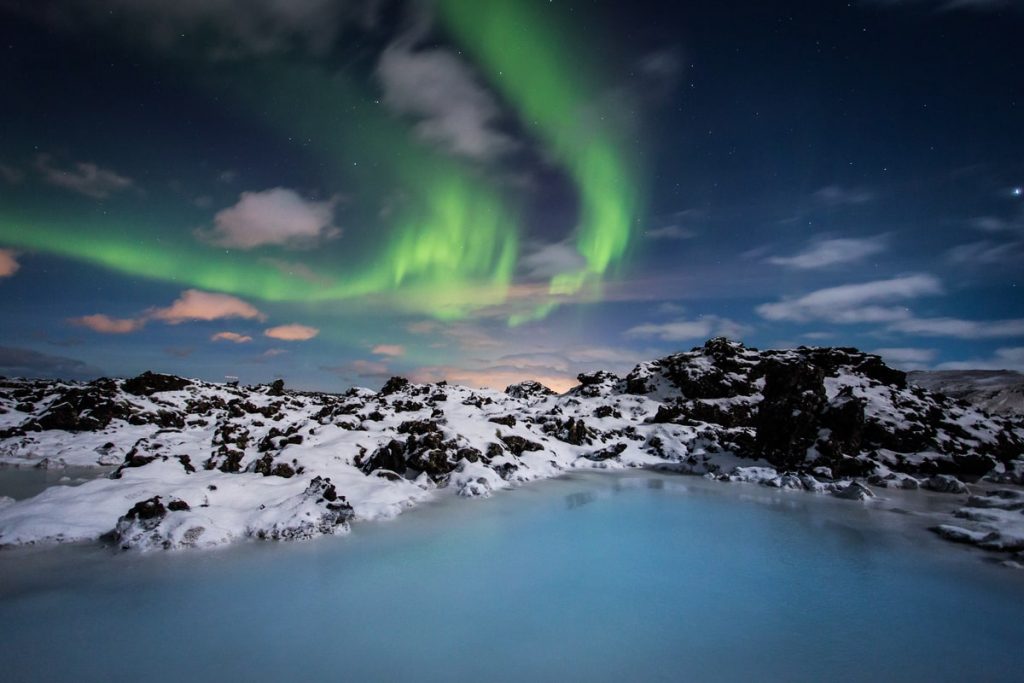 Northern lights over blue lagoon in iceland