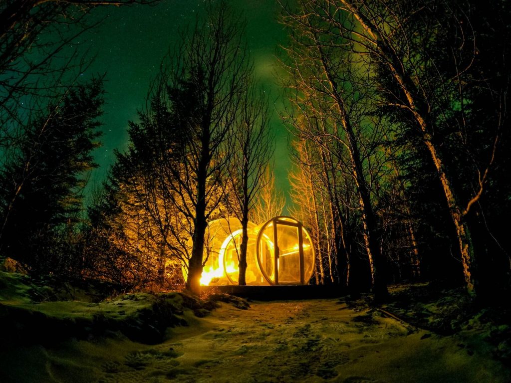Bubble pod hotel room below the northern lights in an Iceland forest
