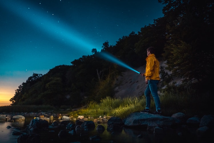 An overnight hiker takes up nighttime exploration in Boserup Skov, Roskilde, Denmark