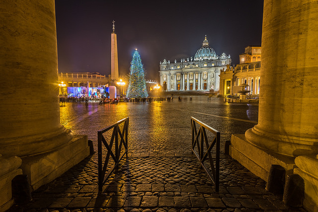 View of the Christmas Tree in Saint Peters Square at night