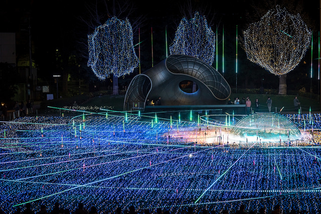 thousands of blue lights illuminate Tokyo's midtown