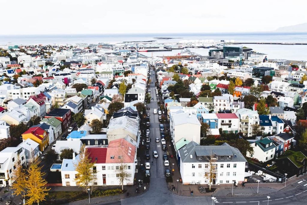 an arial shot of Reykjavik, Iceland
