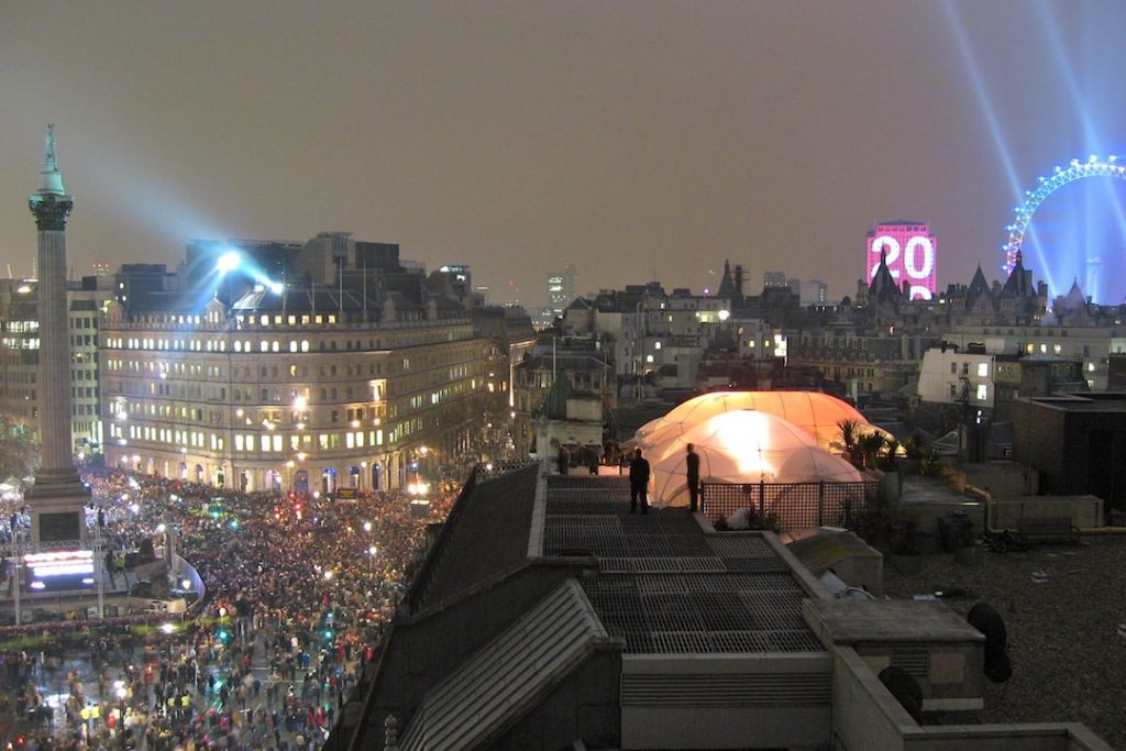 The view of Trafalgar Square in London on New Year's Eve