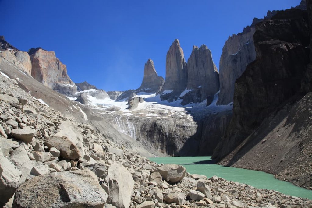 Green water and granite spires in Torres del Paine National Park