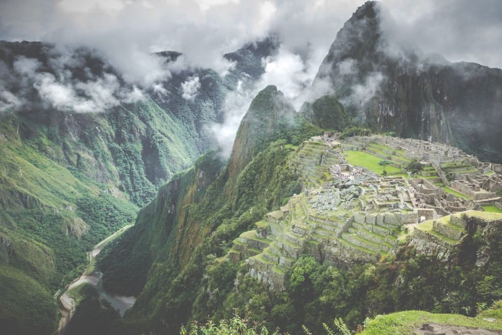 An arial shot of the site of Machu Picchu, Peru