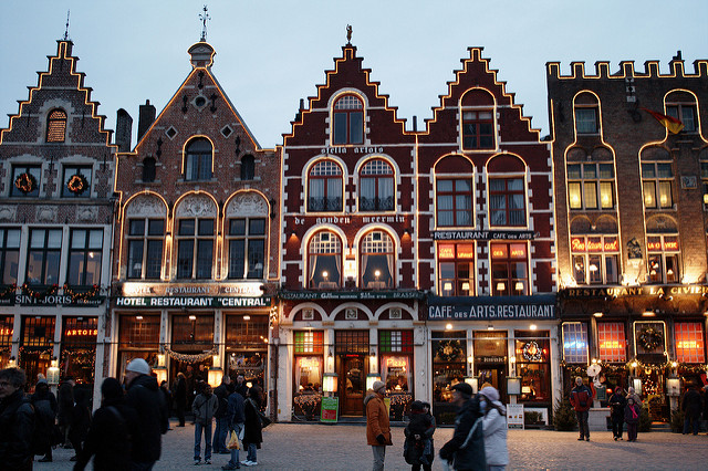 Grote Markt restaurants by night, Bruges