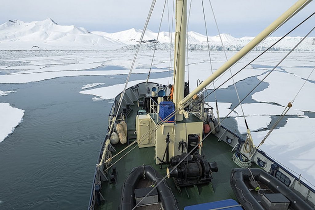 On board one of the ice breaker ships looking over the front of the ship