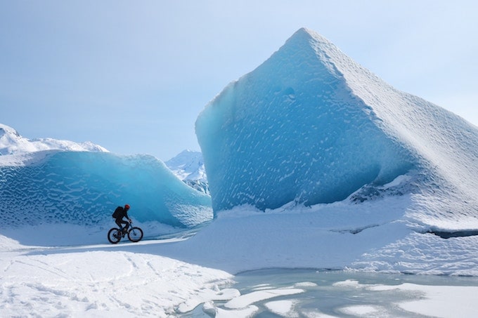 A cyclist on Knik Glacier, Anchorage, US
