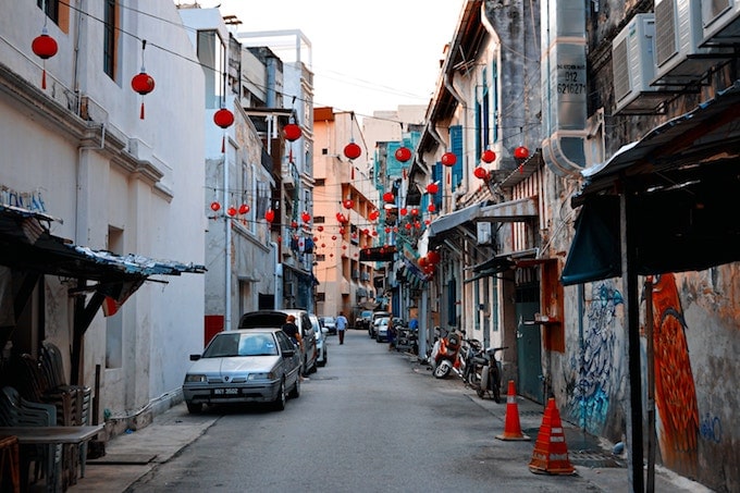 Red lanterns hanging from buildings in Kuala Lumpur