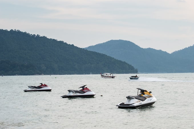 Jetskis on the water in Batu Feringgi, Malaysia