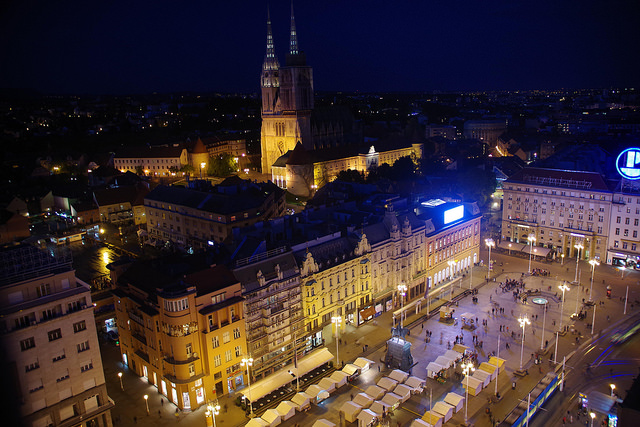 Panorama overlooking the city of Zagreb at night, the light illuminate the old architecture