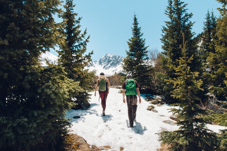 Should Married Couples Take Separate Vacations: man and woman walking on mountain surrounded by pine trees