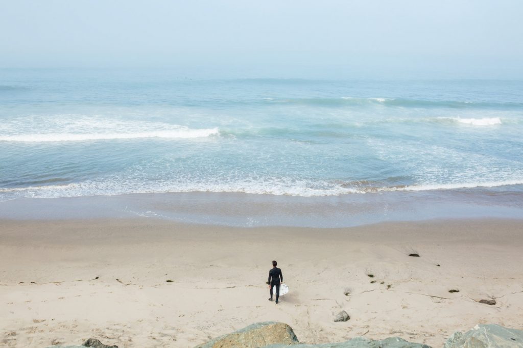 an aerial view shot of a man on a beach