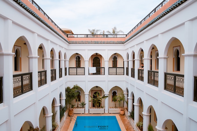 A white riad-style hostel in Marrakesh, Morocco
