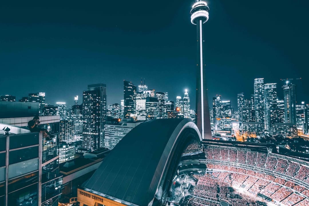 The CN Tower beside the Rogers Centre, Toronto, Canada