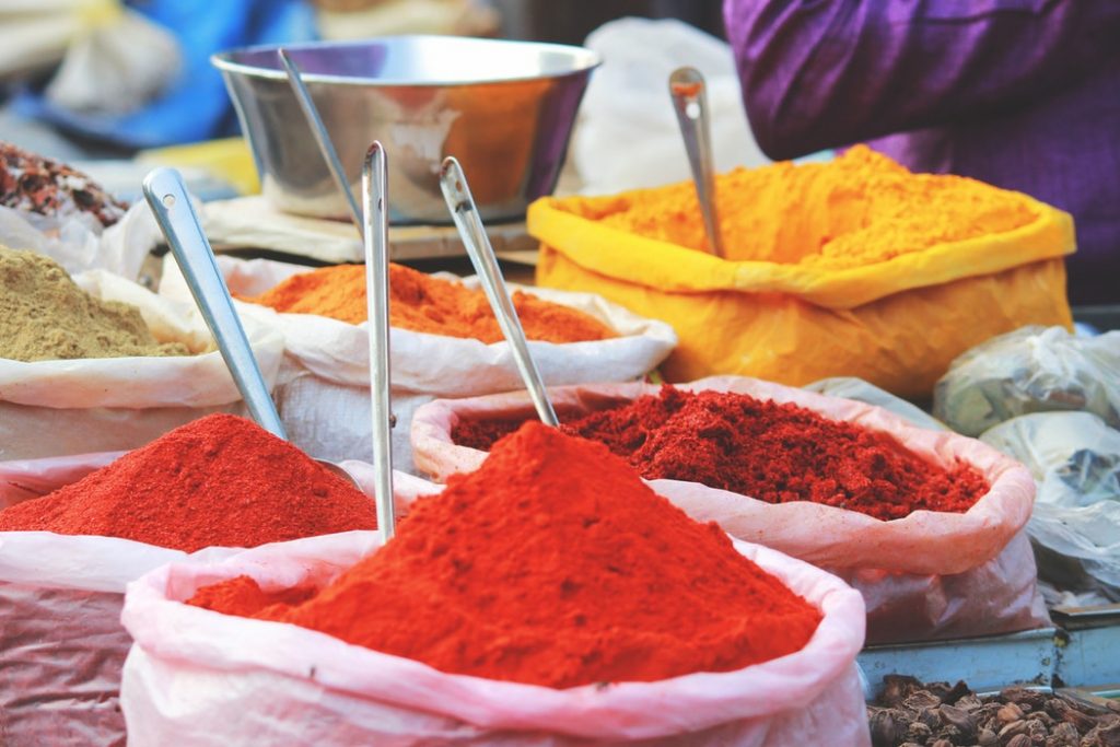 Piles of colourful spices in the market
