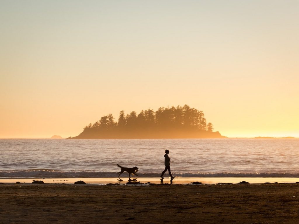 Woman walking in front of a dog along a beach in Vancouver, British Columbia