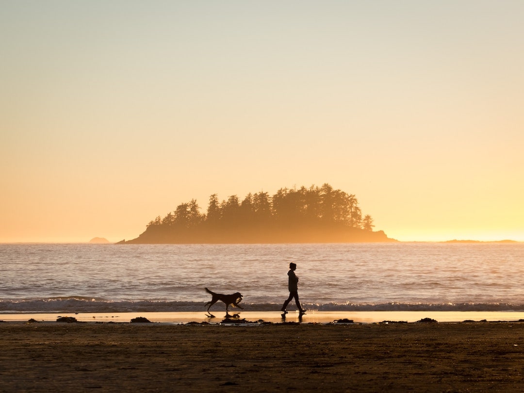 Woman walking in front of a dog along a beach in Vancouver, British Columbia