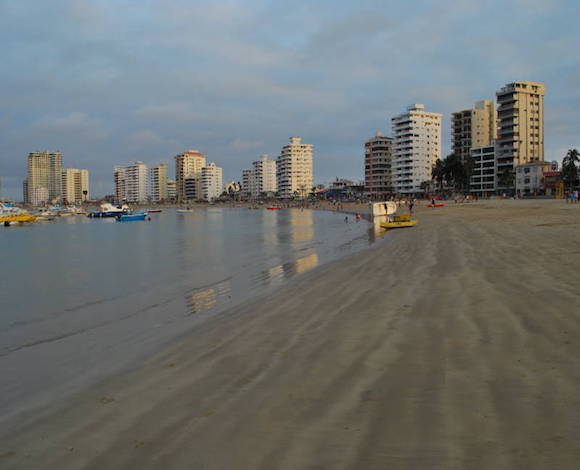 The beach in Salinas, Ecuador on a cloudy day