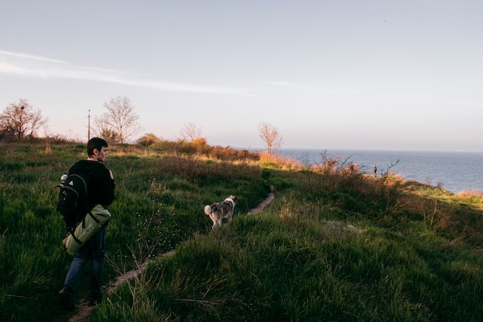 A person hiking with their dog by the sea