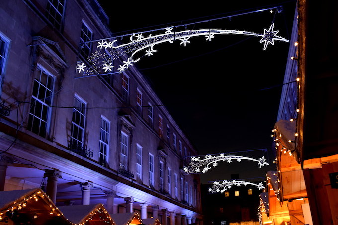 Christmas lights overhead in Bath, UK