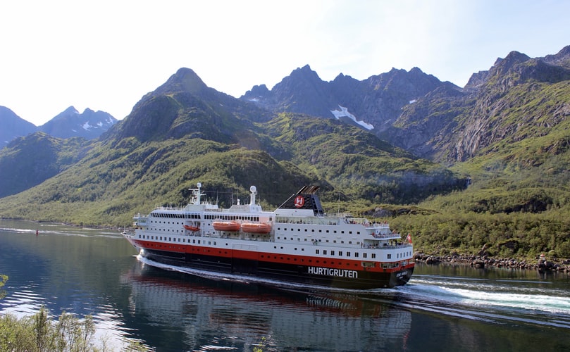 cruise liner sailing through coastal mountain scenery