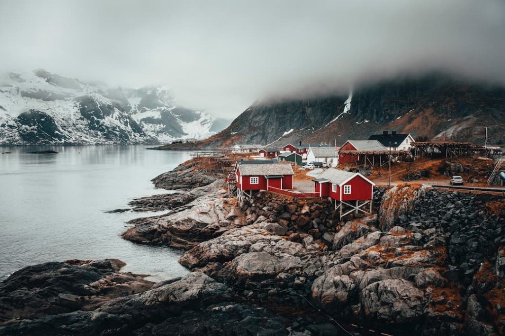 A fishing village and rocky shoreline in Norway