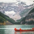 Two canoes on a lake in Alberta