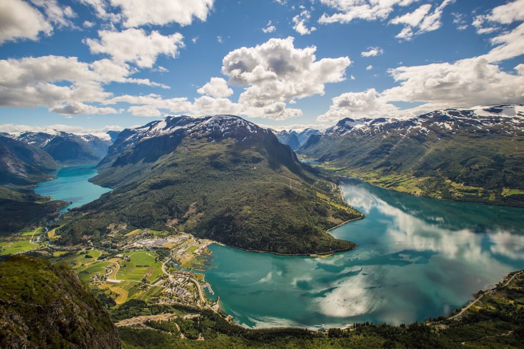 aerial photography of fjord landscape