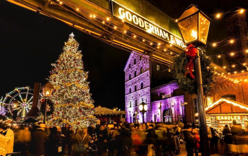 A Christmas tree and festive decor at the Toronto Christmas Market