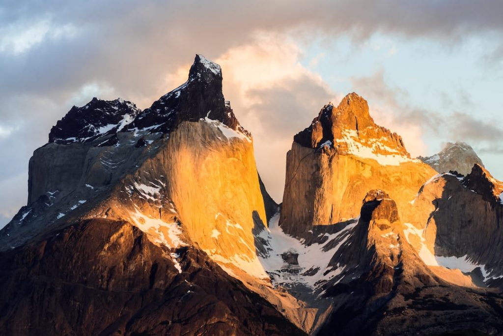 Mountain peaks bathed in morning light in Patagonia