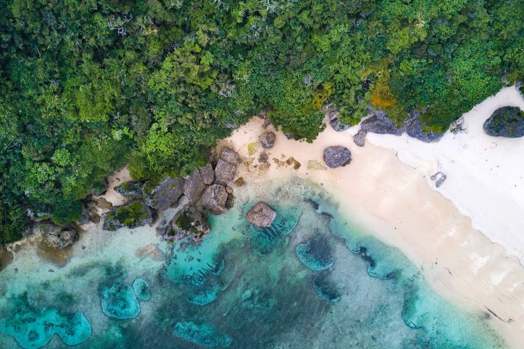 An aerial view of a white-sand beach and forest in Okinawa, Japan