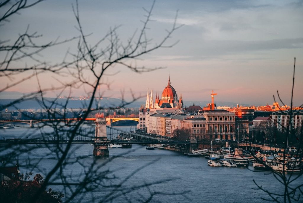 The Parliament building along the Danube in Budapest Hungary