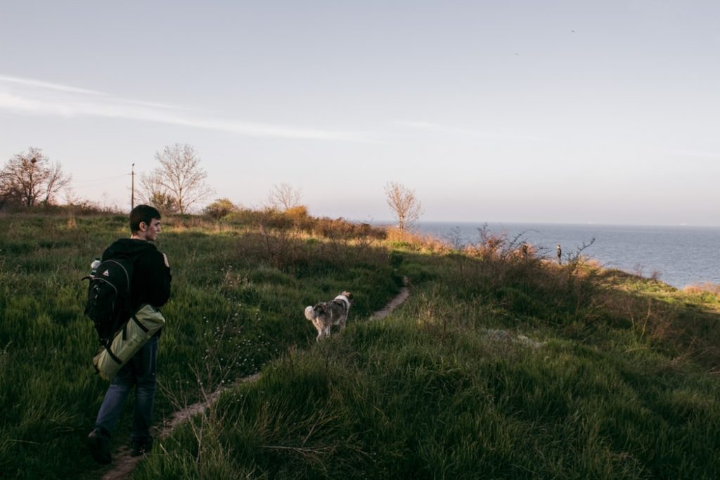 man walking on pathway nearby sea with a dog