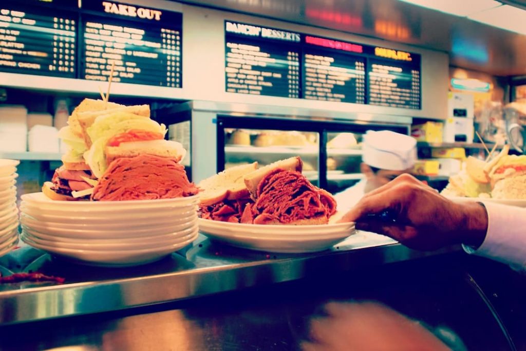 Sandwiches on a counter at Carnegie Deli in New York City
