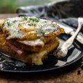 Croque-madame sandwich with a fried egg on top