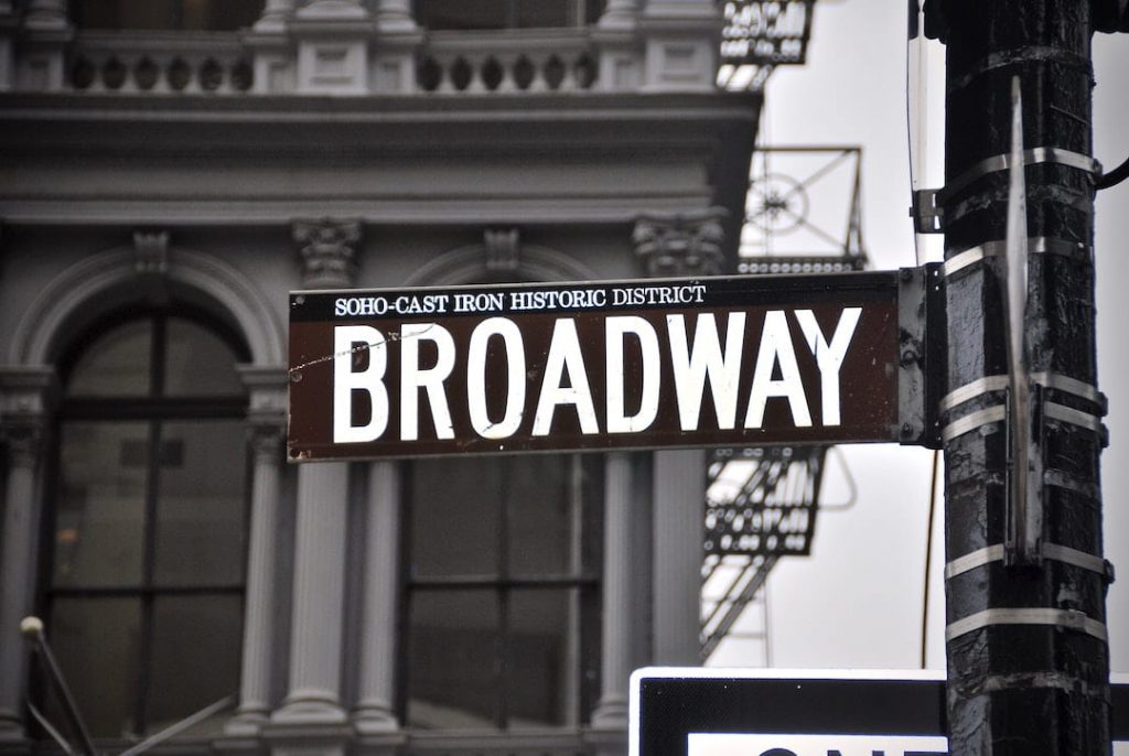 Black and white photo of Broadway street sign in New York