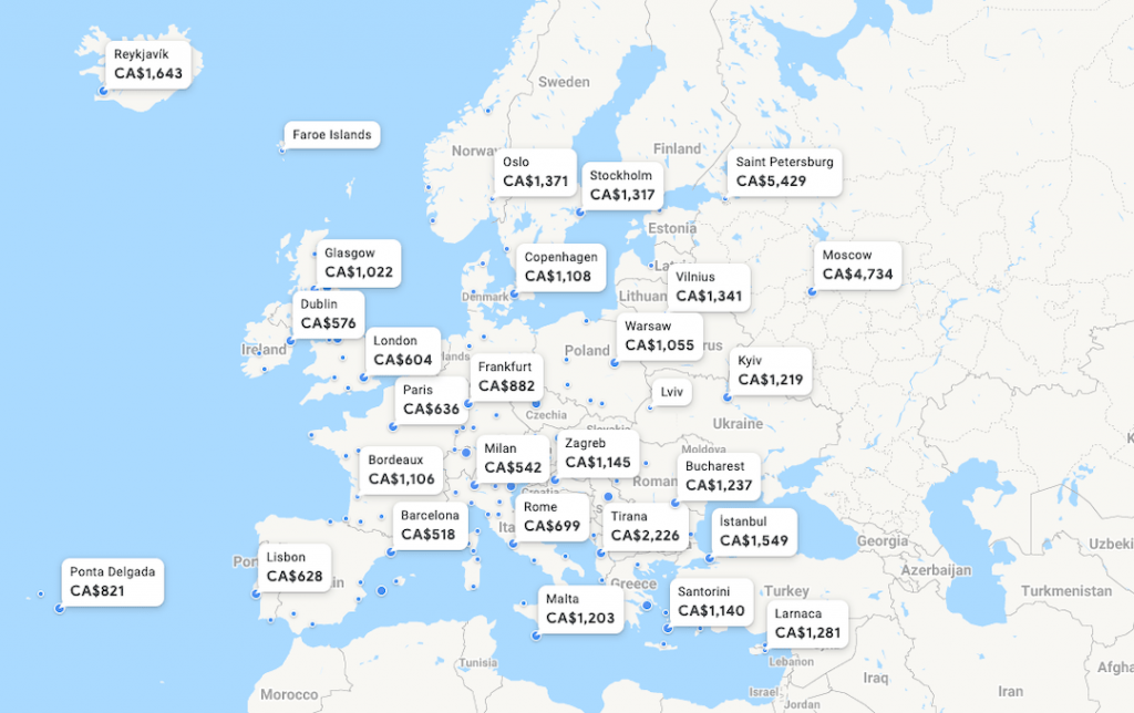Google Flights' Explore Map with flight prices across Europe